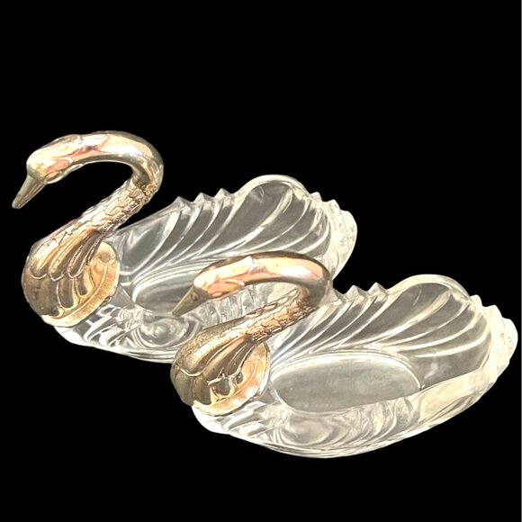 Crystal & Silver-Plated Swan Shaped Salt Pepper Cellars Sugar Bowl Candy Dishes - Picture 2 of 7